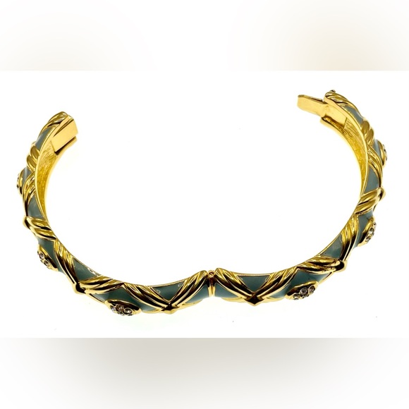 Joan Rivers Signed Gold Tone Light Blue Enamel Crystals Hinged Bangle Bracelet - Picture 9 of 11